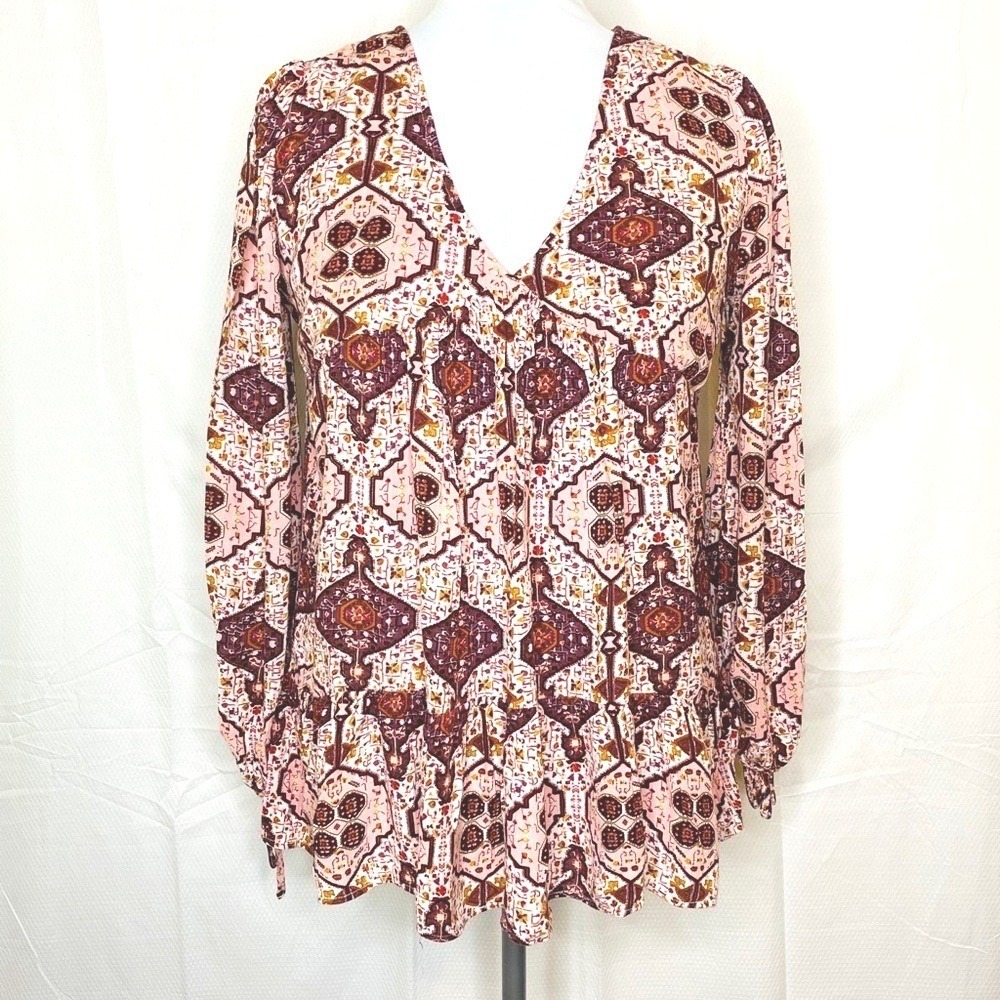 Altar'd State Boho Peplum Babydoll Top Blouse Medium Coquette Burgundy Pink